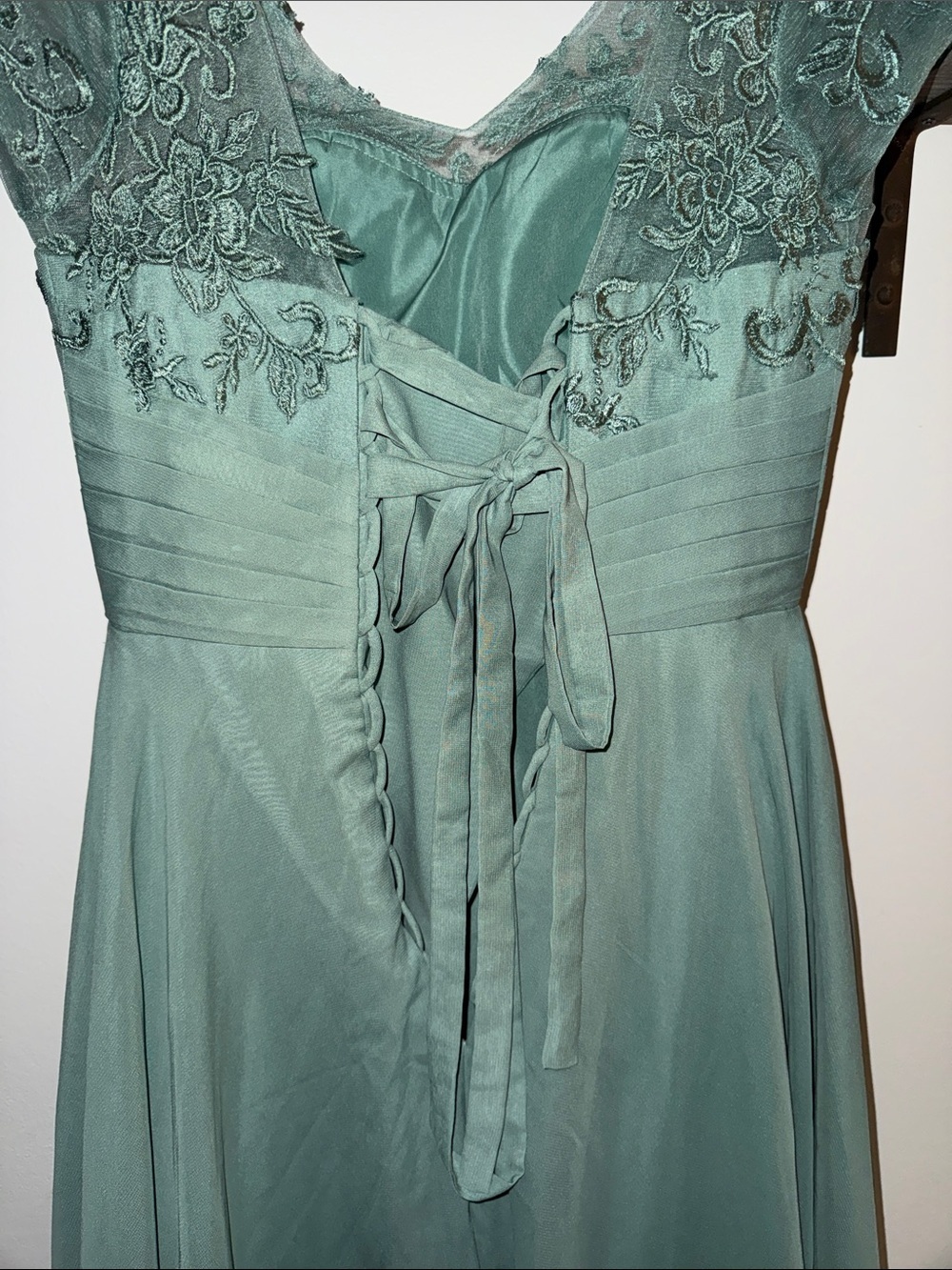 Sage Green Lace & Chiffon High-Low Evening Dress - Picture 6 of 7